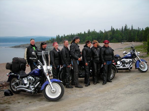 A group of U.S. women touring the north shore of Lake Superior on motor bikes came to wish us well on our kayak trip.