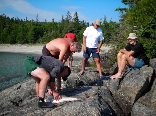 Mike Robbins filets a whitefish at McCoy's Harbour. It was purchased from a fishing boat by Mark Mahoney (right).